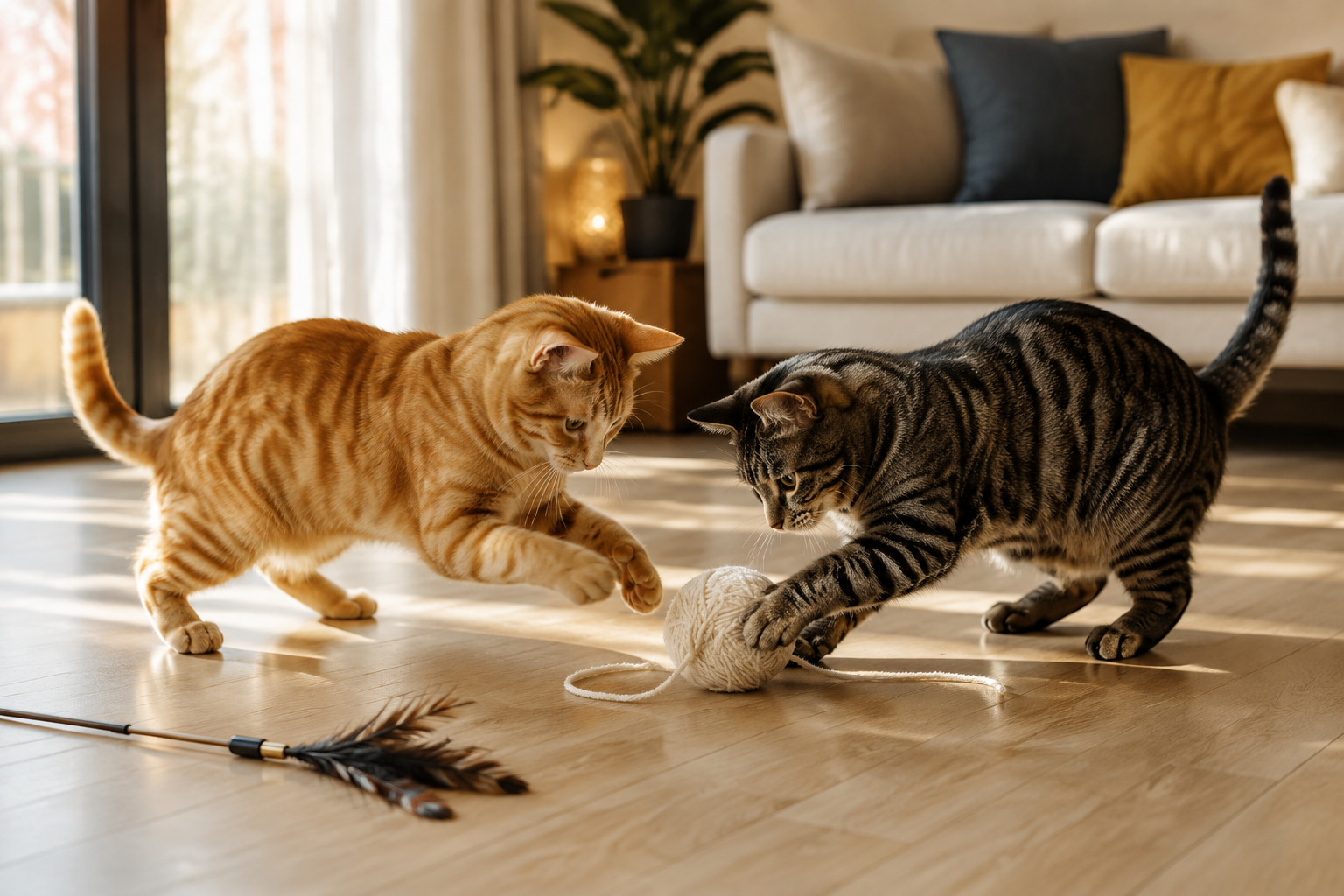 Two cats playing with generic yarn and a feather toy