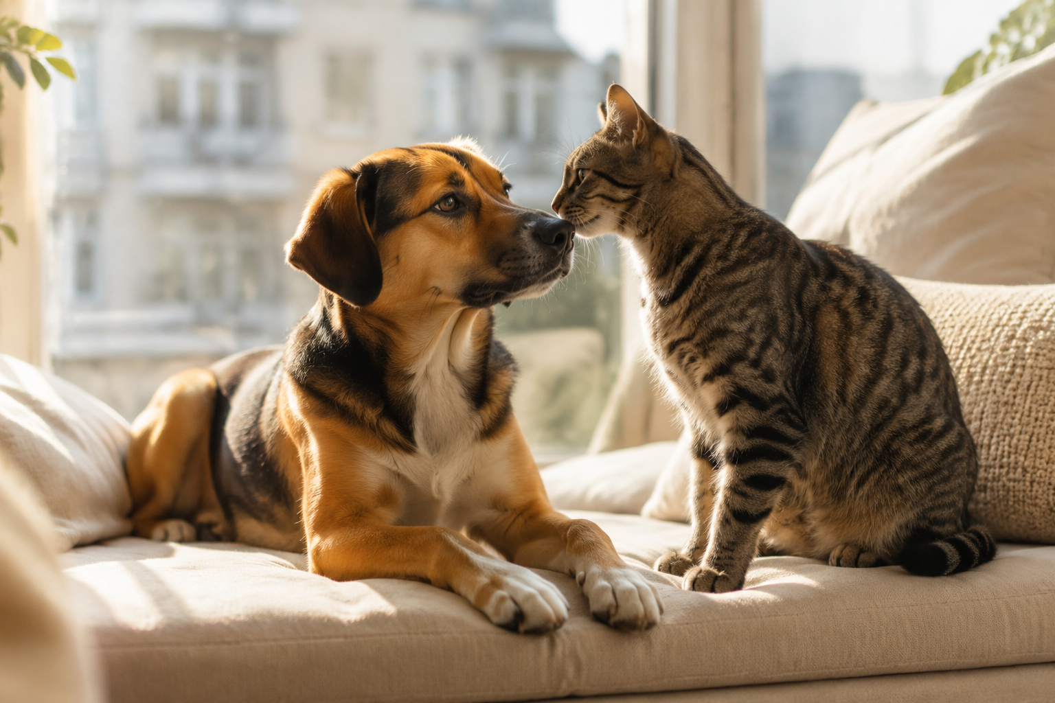 Dog and cat sharing a sunny window seat