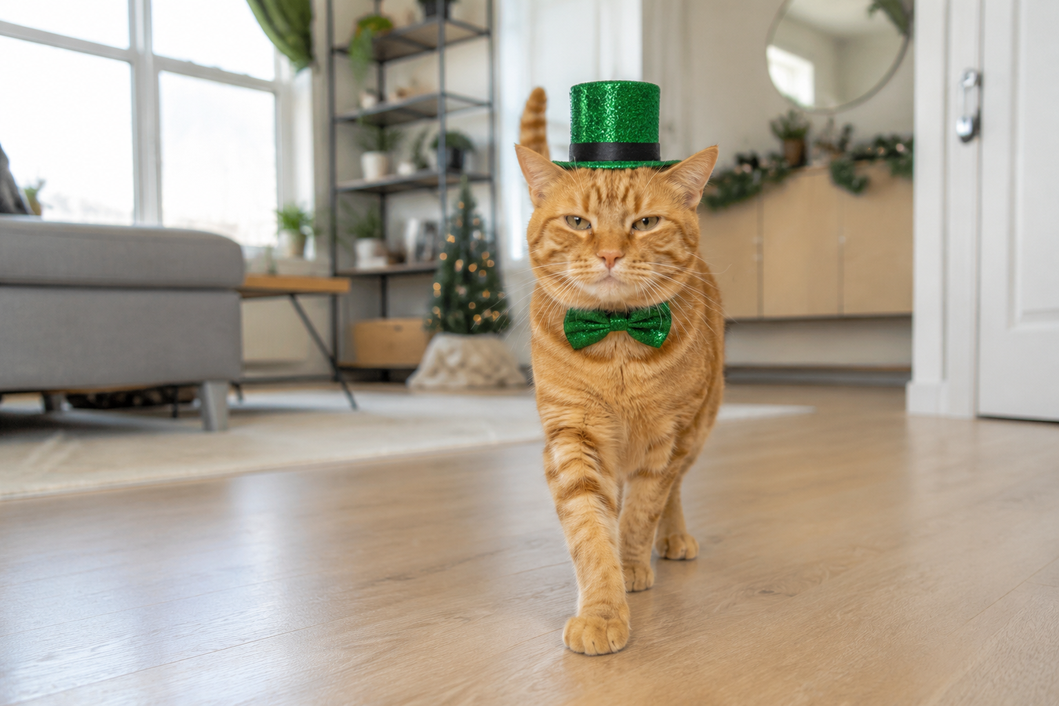 Cat walking in a generic holiday bow tie