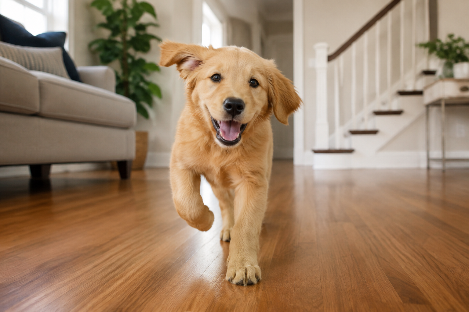 Happy golden puppy running through the living room