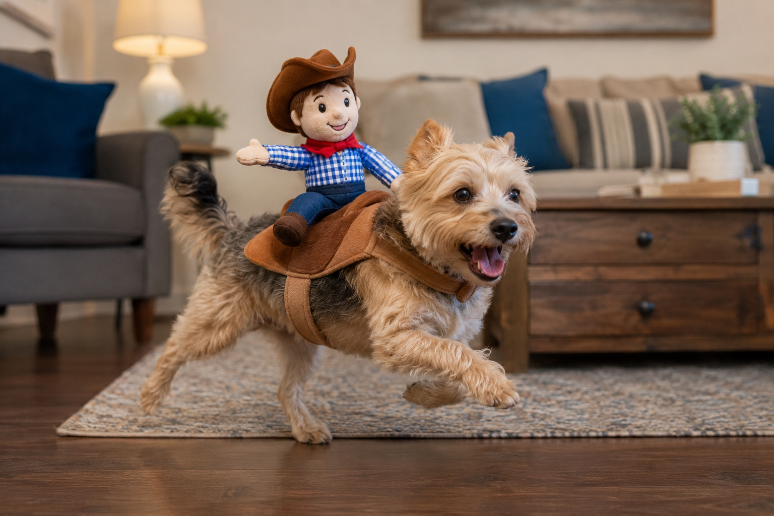 Dog running in a generic rider illusion costume