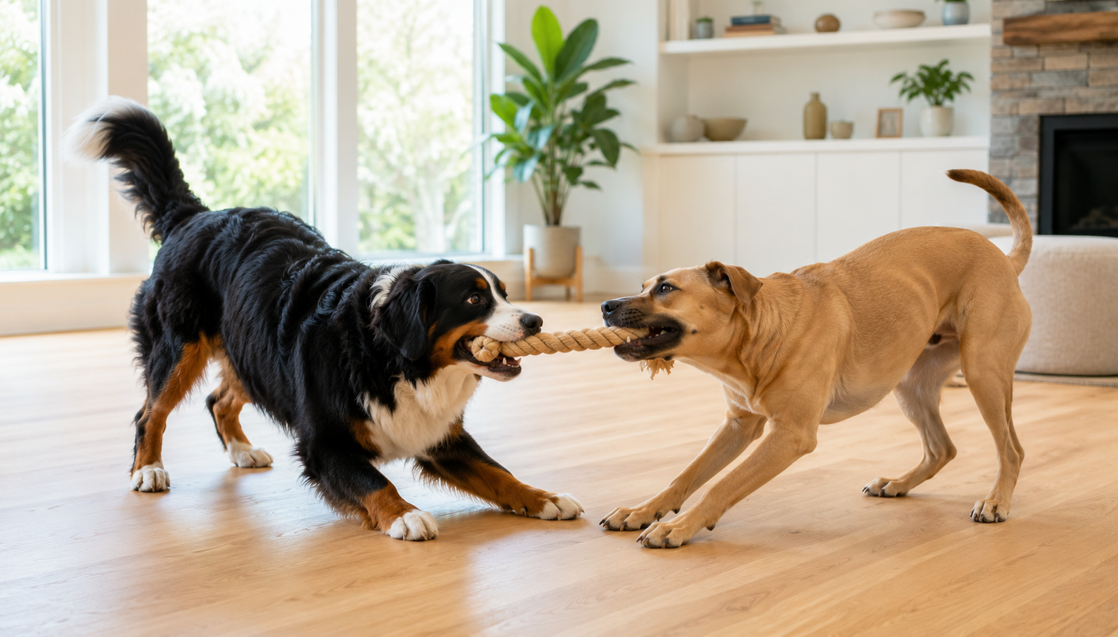 Two energetic adult dogs playing tug with an unbranded rope